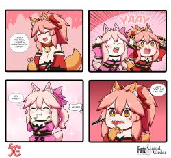 Rule 34 | 3girls, 4koma, animal ear fluff, animal ears, animal hands, bare shoulders, bell, blush, bow, breasts, candy, cat paws, cleavage, closed eyes, collar, comic, detached sleeves, english text, fang, fate/grand order, fate (series), food, food in mouth, fox ears, fox girl, fox tail, glasses, gloves, highres, holding, holding candy, holding food, holding lollipop, japanese clothes, jingle bell, keita naruzawa, kimono, koyanskaya (fate), large breasts, lollipop, mini person, minigirl, multiple girls, neck bell, open mouth, paw gloves, pink bow, pink hair, pink kimono, pink ribbon, ponytail, red ribbon, ribbon, side ponytail, speech bubble, square 4koma, tail, tamamo (fate), tamamo cat (fate), yellow eyes