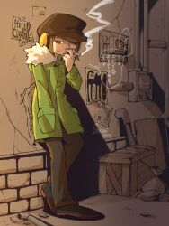 Rule 34 | 1boy, against wall, alley, black footwear, box, brown eyes, brown hair, brown pants, cabbie hat, character name, cigarette, coat, commentary, ezdw8583, full body, fur-trimmed coat, fur trim, green coat, hand in pocket, hat, highres, holding, holding cigarette, hood, hooded coat, industrial pipe, male focus, mr. kk, pants, pop&#039;n music, poster (object), sack, signature, smoke, smoking, solo, speech bubble, tape, translated