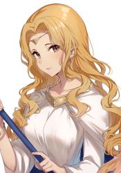 Rule 34 | 1girl, absurdres, blonde hair, blush, bracelet, brown eyes, cape, circlet, commission, commissioner upload, edain (fire emblem), fire emblem, fire emblem: genealogy of the holy war, haru (nakajou-28), highres, holding, jewelry, long hair, long sleeves, looking at viewer, nintendo, simple background, skeb commission, upper body, wavy hair, white background