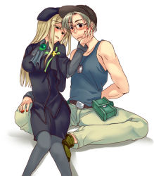 Rule 34 | 00s, 1boy, 1girl, ascot, assertive female, belt, beret, blonde hair, blush, butterfly sitting, capelet, couple, dog tags, glasses, hand on another&#039;s face, hat, hetero, higurashi no naku koro ni, impossible clothes, long hair, muscular, nail polish, naughty face, pantyhose, red nails, restrained, ribbon, sitting, sitting on lap, sitting on person, sora (efr), takano miyo, tomitake jirou, very long hair