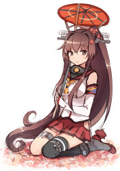 Rule 34 | 10s, 1girl, brown eyes, brown hair, cherry blossoms, flower, hair ornament, kantai collection, long hair, ponytail, sharlorc, smile, solo, umbrella, uniform, very long hair, yamato (kancolle)