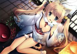 Rule 34 | 1girl, :d, animal ears, between legs, blonde hair, blue eyes, breasts, cat hair ornament, cleavage, comic toranoana, dutch angle, hair ornament, highres, ikegami akane, japanese clothes, kimono, large breasts, long hair, open mouth, panties, sliding doors, smile, snow rabbit, solo, tail, tail between legs, tiger ears, tiger tail, twintails, underwear, very long hair, white panties, wooden floor