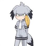 Rule 34 | 1girl, animated, arms behind back, bird tail, black hair, blinking, bodystocking, breast pocket, chibi, closed mouth, collared shirt, commentary, expressive hair, green eyes, grey hair, grey shirt, grey shorts, hair between eyes, kemono friends, layered sleeves, long hair, long sleeves, looking at viewer, multicolored hair, necktie, orange hair, pocket, shirt, shoebill (kemono friends), short over long sleeves, short sleeves, shorts, simple background, slit pupils, smile, solo, standing, tail, taro (tontaro), video, white background, white necktie, wing collar