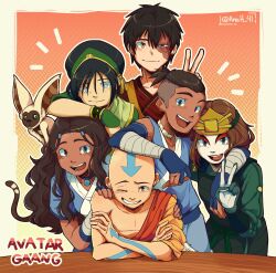 Rule 34 | 3boys, 3girls, aang, absurdres, anah 41, artist name, avatar: the last airbender, avatar legends, bald, blind, blue eyes, character request, child, commentary, dark-skinned female, dark skin, english commentary, english text, green eyes, highres, katara, kyoshi (avatar), long hair, looking at viewer, male focus, momo (avatar), multiple boys, multiple girls, open mouth, scar, simple background, smile, sokka, suki (avatar), toph bei fong, v, yellow eyes, zuko