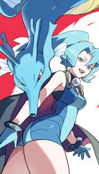 Rule 34 | 1girl, armpit peek, bad id, bad pixiv id, bare shoulders, black cape, black choker, blue bodysuit, blue eyes, blue gloves, blue hair, bodysuit, breasts, cape, choker, clair (pokemon), cowboy shot, creatures (company), dutch angle, earrings, fins, fish, from side, game freak, gem, gen 2 pokemon, gloves, gym leader, hair between eyes, hair tie, high ponytail, jewelry, kingdra, long hair, looking at viewer, looking down, medium breasts, nibo (att 130), nintendo, open mouth, parted bangs, pearl (gemstone), pokemon, pokemon (creature), pokemon hgss, purple cape, red background, red eyes, seahorse, smile, teeth, white background