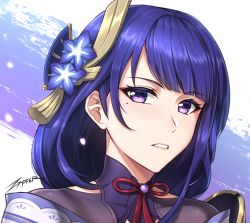 Rule 34 | 1girl, blunt bangs, bow, bowtie, close-up, detached collar, genshin impact, hair ornament, japanese clothes, long hair, looking at viewer, low ponytail, mole, mole under eye, parted lips, petals, purple eyes, purple hair, raiden shogun, sidelocks, signature, simple background, solo, two-tone background, zxpfer
