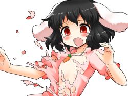 Rule 34 | 1girl, animal ears, black hair, blush, rabbit ears, carrot, carrot necklace, dress, exploding clothes, flat chest, inaba tewi, jewelry, mono (moiky), necklace, open mouth, pendant, red eyes, short hair, solo, tears, torn clothes, touhou, transparent background, upper body, white background