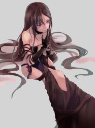 Rule 34 | 1girl, absurdres, black dress, brown hair, center opening, choker, collarbone, commentary request, dress, fate/grand order, fate (series), highres, long hair, mitu-yuki, red eyes, solo, strapless, strapless dress, very long hair, yu mei-ren (fate)