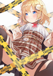 Rule 34 | 1girl, black thighhighs, blonde hair, blue eyes, blush, breasts, brown jacket, brown skirt, caution tape, closed mouth, gradient background, grey background, hair ornament, high-waist skirt, highres, hololive, hololive english, jacket, kobi (piliheros2000), looking away, looking to the side, open clothes, open jacket, plaid, plaid skirt, pleated skirt, pocket watch, red neckwear, roman numeral, shirt, short sleeves, skirt, small breasts, solo, thighhighs, virtual youtuber, watch, watson amelia, watson amelia (1st costume), wavy mouth, white background, white shirt