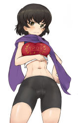 Rule 34 | 10s, 1girl, abs, bad id, bad pixiv id, bike shorts, blush, breasts, brown hair, caesar (girls und panzer), cameltoe, clothes lift, contrapposto, cowboy shot, emblem, girls und panzer, large breasts, latin text, midriff, navel, scarf, shirt lift, short hair, solo, solokov (okb-999), sports bra, standing, taut clothes, toned, yellow eyes