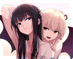 Rule 34 | 2girls, absurdres, arm behind head, bare shoulders, black hair, blonde hair, border, camisole, closed mouth, collarbone, commentary request, demon wings, fangs, hair between eyes, hair ribbon, halloween, hand on another&#039;s shoulder, highres, inoue takina, kusaba eru (happy crystal), long hair, lycoris recoil, multiple girls, nail polish, nishikigi chisato, one side up, open mouth, outside border, pink nails, purple eyes, red eyes, red ribbon, ribbon, shadow, short hair, sidelocks, spaghetti strap, strap slip, white border, white camisole, wings, yuri