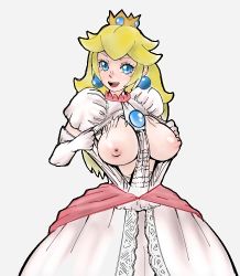 Rule 34 | 1girl, between breasts, blonde hair, blue eyes, breasts, breasts out, clothes between breasts, crown, drawfag, earrings, elbow gloves, female focus, fire peach, gloves, inverted nipples, jewelry, large breasts, long hair, mario (series), nintendo, nipples, no bra, princess peach, puff and slash sleeves, puffy sleeves, simple background, solo, super mario 3d world, tearing clothes, torn clothes