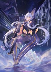 Rule 34 | 1girl, ahoge, atdan, bare shoulders, black gloves, blue dress, blue footwear, blue hair, blue thighhighs, brown eyes, dress, elbow gloves, fingerless gloves, gloves, high heels, highres, holding, holding microphone stand, light blue hair, long hair, looking at viewer, low twintails, microphone stand, night, night sky, open mouth, shoe soles, sitting, sky, solo, star (sky), star (symbol), starry sky, thighhighs, twintails, vocaloid, xingchen