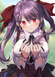 Rule 34 | 1girl, black bow, black ribbon, blurry, blurry background, blush, bow, breasts, brown skirt, collared shirt, commentary request, cuffs, day, depth of field, dress shirt, hair between eyes, hair bow, handcuffs, hands up, highres, long hair, looking at viewer, medium breasts, neck ribbon, original, outdoors, parted lips, plaid, plaid skirt, purple hair, red bow, red eyes, ribbon, shirt, skirt, solo, suspender skirt, suspenders, twintails, tyone, very long hair, white shirt
