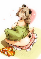 Rule 34 | 1girl, ^ ^, animal ears, ass, bare shoulders, barefoot, bear ears, bear tail, bottomless, breasts, brown hair, closed eyes, closed eyes, ez6, glasses, happy, huge breasts, japanese clothes, large breasts, plump, sitting, smile, solo, tail, yokozuwari
