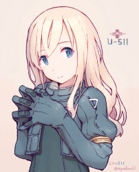 Rule 34 | 1girl, beige background, blonde hair, blue eyes, character name, cropped jacket, elbow gloves, gloves, grey gloves, grey jacket, hair between eyes, jacket, kantai collection, long hair, looking at viewer, nakaaki masashi, no headwear, no headwear, simple background, smile, solo, twitter username, u-511 (kancolle), upper body