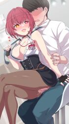 Rule 34 | 1boy, 1girl, blush, breasts, censored, collared shirt, corset, crossed legs, faceless, girl on top, heart, heart-shaped pupils, hetero, hololive, houshou marine, houshou marine (businesswoman), large breasts, long sleeves, mosaic censoring, mp150 plus, necktie, open mouth, pantyhose, penis, pussy, pussy juice, reverse upright straddle, sex, sex from behind, shirt, sitting, sitting on lap, sitting on person, skirt, sleeveless, sleeveless shirt, symbol-shaped pupils, torn clothes, torn pantyhose, vaginal, virtual youtuber