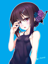 Rule 34 | 1girl, bare shoulders, black hair, blue background, breasts, brown eyes, butterfly hair ornament, collarbone, commentary request, doomblade, eyes visible through hair, fate/kaleid liner prisma illya, fate (series), flower, hair flower, hair ornament, hairclip, looking at viewer, miyu edelfelt, open mouth, simple background, small breasts, solo, twitter username, upper body