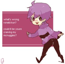 Rule 34 | 1boy, ass, brown eyes, english text, grimace (mcdonald&#039;s), humanization, kendy (revolocities), looking back, lowres, male focus, mcdonald&#039;s, meme, open mouth, pixel art, purple hair, sleeves past wrists, smile, solo