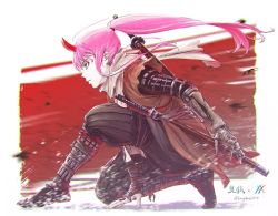 Rule 34 | 1girl, armor, darling in the franxx, everysketch002, fighting stance, horns, japanese armor, japanese clothes, katana, long hair, pink hair, ponytail, prosthesis, samurai, sekiro, sekiro: shadows die twice, snow, solo, sword, weapon, zero two (darling in the franxx), zero two (kirby)