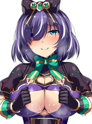 Rule 34 | 1girl, bad id, bad twitter id, black bow, black gloves, blush, bow, bowtie, brave girl ravens, breasts, cleavage cutout, closed mouth, clothing cutout, gloves, green bow, green bowtie, green eyes, hair bow, hair over one eye, heart cutout, heterochromia, horosuke, large breasts, looking at viewer, multicolored hair, paizuri invitation, puffy short sleeves, puffy sleeves, purple eyes, purple hair, short sleeves, skin tight, smile, solo, streaked hair, sweat, two-tone hair, upper body, white hair