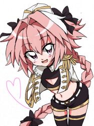 Rule 34 | 1boy, :d, aiguillette, arms behind back, astolfo (fate), belt, black bow, black shirt, black shorts, black thighhighs, blush, bow, braid, cleavage cutout, clothing cutout, commentary request, cowboy shot, crop top, cropped jacket, dot nose, epaulettes, fang, fate/apocrypha, fate (series), fringe trim, gold trim, groin, hair between eyes, hair bow, hair intakes, hat, heart, high collar, highres, jacket, leaning forward, long hair, long sleeves, looking at viewer, male focus, multicolored hair, navel, open clothes, open jacket, open mouth, pink hair, purple eyes, raised eyebrows, shirt, short shorts, shorts, simple background, single braid, sketch, smile, solo, standing, stomach, streaked hair, thigh gap, thighhighs, trap, turtleneck, two-tone hair, very long hair, white background, white belt, white hair, white hat, white jacket