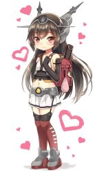 Rule 34 | 10s, 1girl, :d, aged down, backpack, bag, black hair, brown hair, elbow gloves, fingerless gloves, gloves, hairband, heart, kantai collection, kase daiki, charm (object), long hair, looking at viewer, md5 mismatch, midriff, mutsu (kancolle), mutsu (kantai collection), mutsu (snail), nagato (kancolle), navel, open mouth, randoseru, recorder case, red eyes, simple background, smile, solo, thighhighs