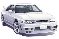 Rule 34 | car, commentary request, headlight, highres, license plate, motor vehicle, nissan, nissan skyline, nissan skyline gt-r, nissan skyline r33, no humans, original, shadow, simple background, sports car, t.r, vehicle focus, white background