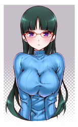 Rule 34 | 1girl, :&lt;, bespectacled, black hair, blush, breasts, creatures (company), game freak, glasses, gym leader, halftone, halftone background, hizuki akira, large breasts, long hair, looking at viewer, nintendo, pokemon, purple eyes, red-framed eyewear, ribbed sweater, sabrina (pokemon), sketch, solo, sweater, upper body