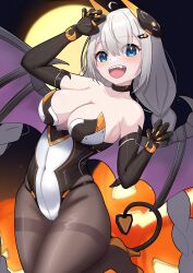 Rule 34 | 1girl, absurdres, blue eyes, bodysuit, braid, breasts, demon horns, demon tail, elbow gloves, fake horns, fake tail, fang, gloves, grey hair, hair ornament, halloween, halloween costume, highres, horns, jack-o&#039;-lantern, kizuna akari, large breasts, leotard, long hair, nise no tsubo, open mouth, paw pose, skin tight, solo, tail, twin braids, very long hair, voiceroid