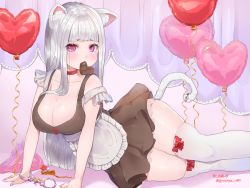 Rule 34 | 1girl, animal ears, apron, balloon, bandaid, bare arms, bare shoulders, blunt bangs, blush, bow, bow legwear, breasts, candy, cat ears, cat tail, chocolate, chocolate heart, choker, cleavage, collarbone, cuffs, curvy, food, frilled apron, frills, handcuffs, heart, heart balloon, key, large breasts, long hair, looking at viewer, lying, mouth hold, on side, original, pink eyes, purple eyes, red bow, silver hair, skindentation, sleeveless, solo, tail, thighhighs, twitter username, ushinomiya, valentine, white thighhighs, wide hips