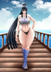 Rule 34 | 1girl, alternate costume, bikini, black bikini, black hair, breasts, clothes writing, cloud, cloudy sky, crop top, english text, female focus, frown, full body, gladiator sandals, hand on own hip, highleg bikini bottom, highres, kill la kill, kiryuuin satsuki, large breasts, long hair, looking at viewer, midriff, multicolored hair, navel, outdoors, ponytail, revealing clothes, sandals, see-through, see-through shirt, shiny skin, sidelocks, sky, solo, standing, strapless, streaked hair, sunglasses, swimsuit, thigh gap, tube top, very long hair, water, wide hips