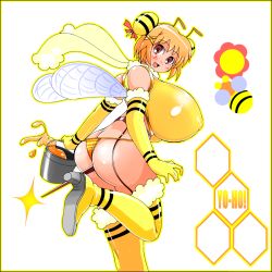 Rule 34 | 1girl, amano taiki, arthropod girl, ass, backboob, bad id, bad pixiv id, bee girl, blush, boots, breasts, brown eyes, brown hair, bucket, butt crack, elbow gloves, garter belt, gloves, hair ribbon, highres, honey, huge breasts, insect girl, looking back, monster girl, panties, ribbon, smile, solo, striped clothes, striped panties, thighhighs, thong, underwear, wings