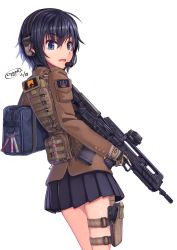 Rule 34 | 1girl, artist name, back, bad id, bad pixiv id, bag, belt, belt pouch, black hair, buckle, bullpup, cable, cowboy shot, dated, dreadtie, eyebrows, fingerless gloves, from behind, gloves, gun, hair between eyes, handgun, headphones, headset, highres, holding, holding gun, holding weapon, holster, jacket, long sleeves, looking at viewer, looking back, miniskirt, open mouth, original, pen, pleated skirt, pocket, pouch, rifle, short hair, shoulder bag, simple background, skirt, solo, text focus, thigh holster, thigh strap, trigger discipline, weapon, white background