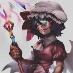 Rule 34 | 1girl, blue hair, commentary request, fangs, grey background, hair ribbon, hat, holding, holding staff, looking at viewer, mob cap, nio (meple nio), red eyes, red ribbon, remilia scarlet, ribbon, short hair, short sleeves, simple background, solo, staff, teeth, touhou, upper body, white hat