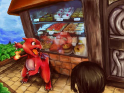 Rule 34 | 1boy, bakery, cake, candy store, charmeleon, creatures (company), flame-tipped tail, food, game freak, gen 1 pokemon, geregere (lantern), looking back, nintendo, pokemon, pokemon (creature), puberty, reflection, shop, sweets, transformation, wings