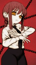 Rule 34 | 1girl, absurdres, black necktie, black pants, braid, braided ponytail, chain, chainsaw man, collared shirt, frown, fushicho, high-waist pants, highres, makima (chainsaw man), necktie, office lady, pants, red background, red hair, ringed eyes, shirt, shirt tucked in, solo, yellow eyes