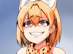 Rule 34 | 10s, 1girl, animal ears, bare shoulders, bow, bowtie, brown eyes, commentary request, evil grin, evil smile, extra ears, gradient background, grin, hair between eyes, isna (footprintsofisna), kemono friends, parody, portrait, serval (kemono friends), serval print, smile, solo, yu-gi-oh!