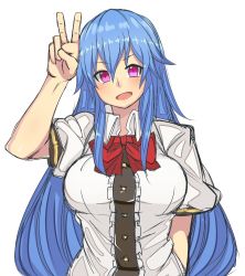 Rule 34 | 1girl, bad id, bad pixiv id, blue hair, blush, bow, breasts, highres, hinanawi tenshi, large breasts, long hair, michihasu, no headwear, open mouth, pink eyes, simple background, smile, solo, touhou, upper body, v, very long hair, white background