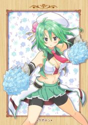 Rule 34 | 1girl, artist request, beret, bike shorts, blush, breasts, character name, cleavage, cowboy shot, flower knight girl, green hair, hat, looking at viewer, navel, pom pom (cheerleading), saboten (flower knight girl), short hair, solo