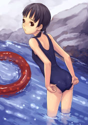 Rule 34 | adjusting clothes, adjusting swimsuit, ass, black hair, brown eyes, child, from behind, innertube, jun (goodgun7), leaning forward, looking back, one-piece swimsuit, original, solo, swim ring, swimsuit, twintails, wading