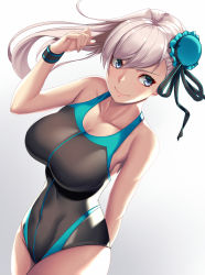 Rule 34 | 1girl, arm behind back, asymmetrical hair, backlighting, bare shoulders, black one-piece swimsuit, blue eyes, breasts, bun cover, cleavage, closed mouth, collarbone, competition swimsuit, cowboy shot, fate/grand order, fate (series), floating hair, from side, gradient background, grey background, hair between eyes, hair bun, highres, large breasts, long hair, looking at viewer, miyamoto musashi (fate), miyamoto musashi (fate/grand order), miyamoto musashi (swimsuit berserker) (fate), miyamoto musashi (swimsuit berserker) (first ascension) (fate), one-piece swimsuit, pink hair, sidelocks, single side bun, smile, solo, standing, swept bangs, swimsuit, takanashi-a, v-shaped eyebrows, white background, wide hips, wristband