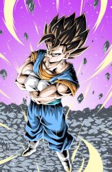 Rule 34 | 1boy, black eyes, boots, brown hair, commentary request, crossed arms, dragon ball, dragonball z, earrings, furrowed brow, gloves, gradient background, highres, jewelry, male focus, muscular, muscular male, potara earrings, purple background, rock, smile, solo, vegetto, white footwear, white gloves, youngjijii