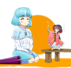 Rule 34 | 2girls, blue hair, bowl, bowl hat, closed umbrella, commentary request, closed eyes, female focus, hat, hato (grazie a domani 7), heterochromia, japanese clothes, juliet sleeves, long sleeves, multiple girls, needle, puffy sleeves, purple hair, sukuna shinmyoumaru, tatara kogasa, touhou, translation request, umbrella, white background