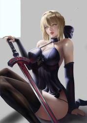 Rule 34 | 1girl, absurdres, artoria pendragon (all), artoria pendragon (fate), bad id, bad pixiv id, bare shoulders, black dress, blonde hair, braid, breasts, bridal gauntlets, choker, dress, fate/grand order, fate (series), french braid, hair between eyes, hair ribbon, highres, holding, holding sword, holding weapon, large breasts, light y, looking at viewer, ribbon, saber alter, solo, sword, thighhighs, thighs, weapon, yellow eyes