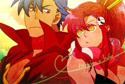 Rule 34 | 00s, 1boy, 1girl, :&lt;, back-to-back, bad id, bad pixiv id, blue hair, cape, character name, couple, eye contact, hair ornament, hairclip, heart, heart of string, hetero, kamina (ttgl), looking at another, pout, red hair, scarf, sg2119, tengen toppa gurren lagann, yoko littner