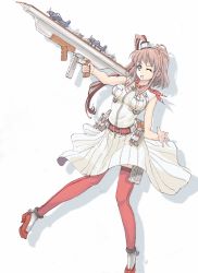 Rule 34 | 10s, 1girl, absurdres, aiming, aircraft, airplane, ascot, blue eyes, breast pocket, brown hair, dress, flight deck, full body, garter straps, gun, hair between eyes, hal9500, highres, kantai collection, long hair, magazine (weapon), one eye closed, pocket, ponytail, red ascot, red thighhighs, saratoga (kancolle), side ponytail, sidelocks, solo, thighhighs, weapon, white dress