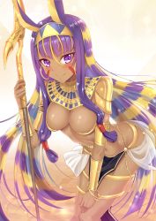 Rule 34 | 1girl, absurdres, animal ears, bent over, blonde hair, blush, bracelet, breasts, cleavage, dark-skinned female, dark skin, day, desert, earrings, egyptian, egyptian clothes, facial mark, fate/grand order, fate (series), gold, gold trim, gu li, hairband, highres, hoop earrings, jackal ears, jewelry, leaning forward, long hair, looking at viewer, medium breasts, multicolored hair, nitocris (fate), nitocris (third ascension) (fate), outdoors, pelvic curtain, purple eyes, purple hair, sand, sidelocks, smile, solo, staff, standing, very long hair