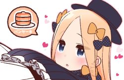 Rule 34 | 1girl, :o, abigail williams (fate), black bow, black dress, black hat, blonde hair, blue eyes, blush, bow, dress, fate/grand order, fate (series), food, forehead, hair bow, hat, heart, long hair, long sleeves, multiple hair bows, orange bow, pancake, pancake stack, parted bangs, parted lips, plate, polka dot, polka dot bow, simple background, sleeves past fingers, sleeves past wrists, solo, spoken food, translation request, unmoving pattern, upper body, white background, yoru nai