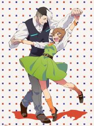 Rule 34 | 1boy, 1girl, :d, artist name, belt, brown eyes, brown hair, dancing, dress, flipped hair, full body, grin, height difference, hetero, holding hands, hyakujuu-ou golion, katie holt, looking at another, multicolored hair, open mouth, pale skin, patterned background, pidge gunderson, smile, socks, t k g, takashi shirogane, two-tone hair, voltron: legendary defender, voltron (series)